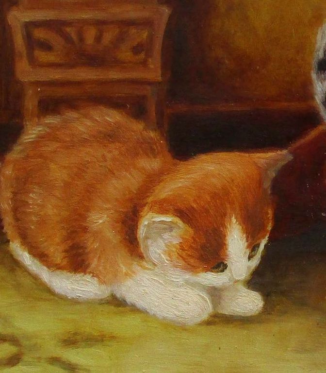 Kunstenaar onbekend: Acrylverfj, 2 kittens spelemd met een klosje garen kopen? Bied vanaf 20!