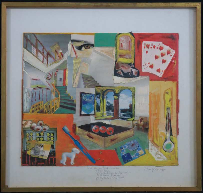 Meertje Kaal: Acryl en collage op karton, Rode stippen - Ingelijst kopen? Bied vanaf 1!