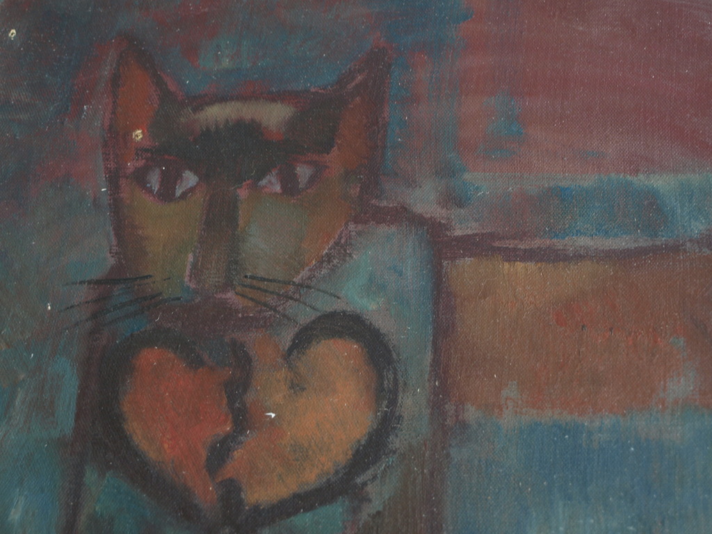 Onbekend : Olieverf op doek, Kat met een gebroken Hart – ingelijst - Oud kopen? Bied vanaf 1!