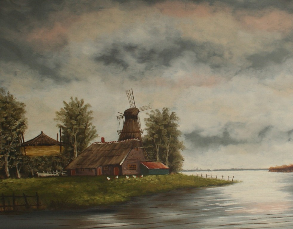 J. Verda (20e eeuw) - olieverf op doek - boerderij met molen aan het water kopen? Bied vanaf 80!