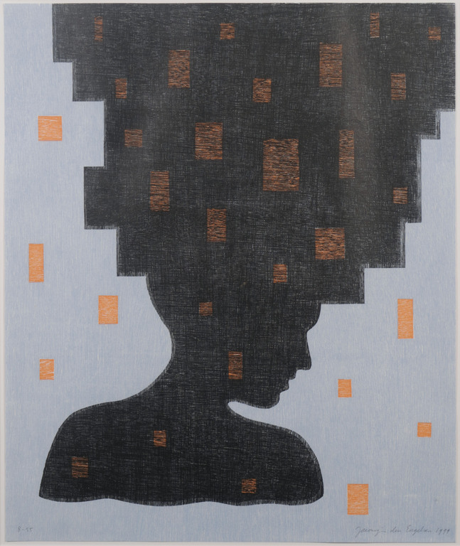 Jacomijn den Engelsen: Houtsnede, Afro (blauw) - Ingelijst kopen? Bied vanaf 20!