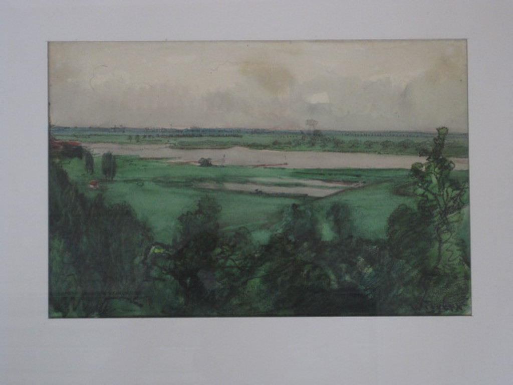 Sfeervolle Gouache "de Ooijpolder bij Nijmegen" door Derk Wiggers 1866-1933  verkocht voor € 95!