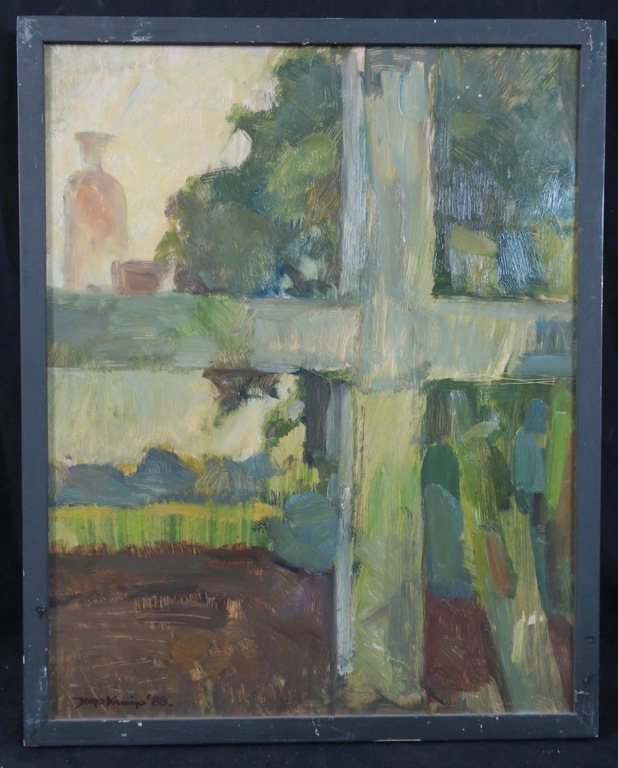 Joop Kruip: Olieverf op board, Raamdoorkijk - Ingelijst kopen? Bied vanaf 40!