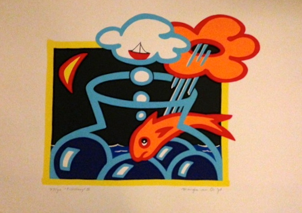 Marijke van Os. Zeefdruk. Fish Story. verkocht voor € 40!