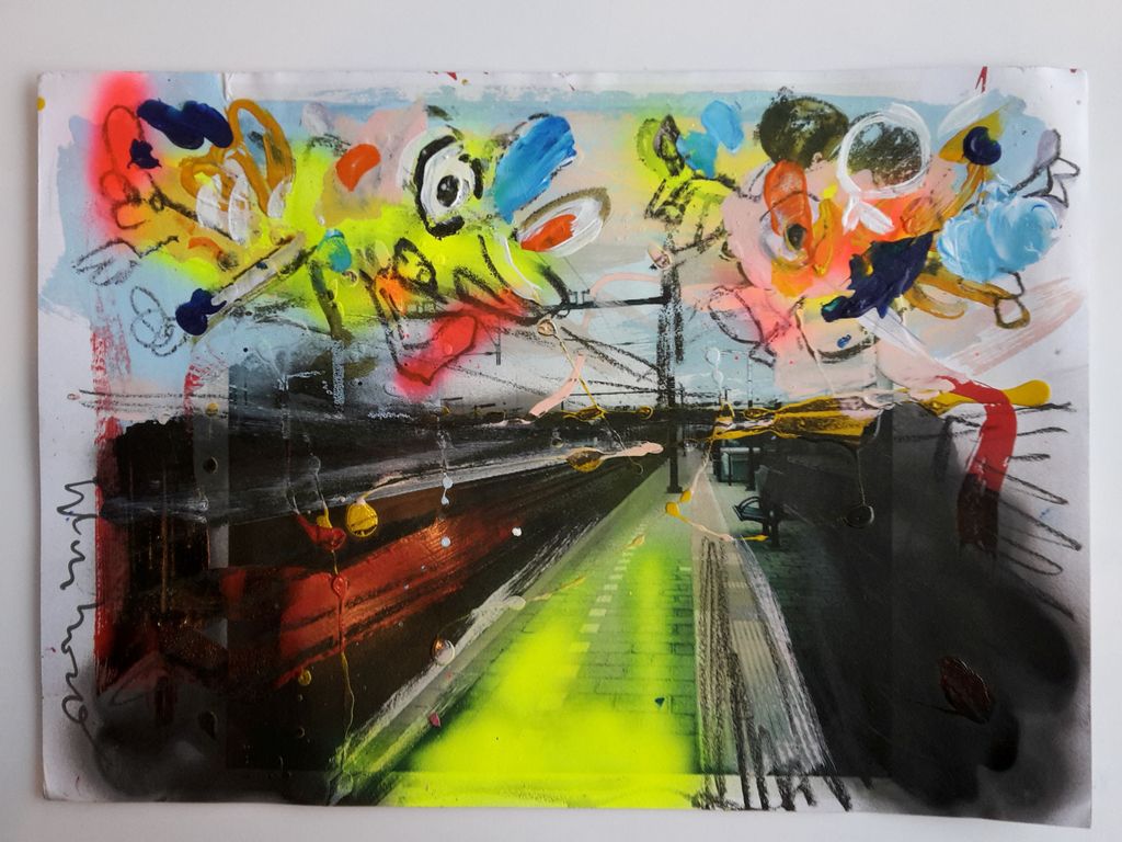 Trainstation - gemengde techniek op papier - gesigneerd - 2015 kopen? Bied vanaf 1!