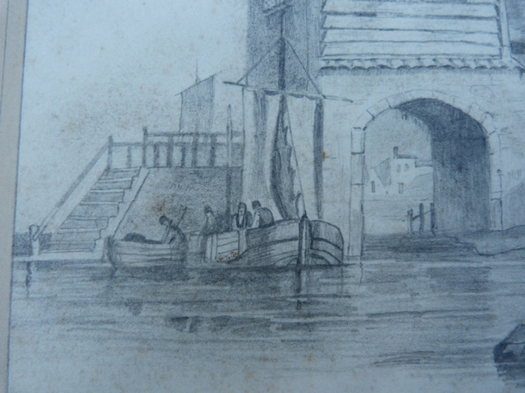 Gesigneerd J.F.Spohler ft. 1878 - tekening - dorpshaven. kopen? Bied vanaf 1!