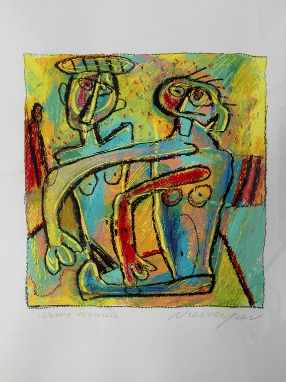 Henk Vierveijzer, origineel op papier in lijst, Titel: arme armen kopen? Bied vanaf 100!