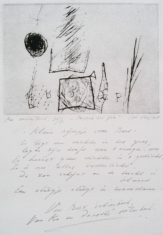 Ko Oosterkerk - Tussen het gras, ets met gedicht voor Bert Schierbeek kopen? Bied vanaf 1!