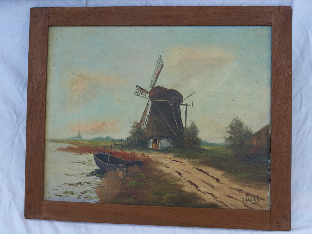 Gesigneerd ‘v. Oort’ (?) : Olieverf op doek – Landschap met molen – ingelijst  kopen? Bied vanaf 1!