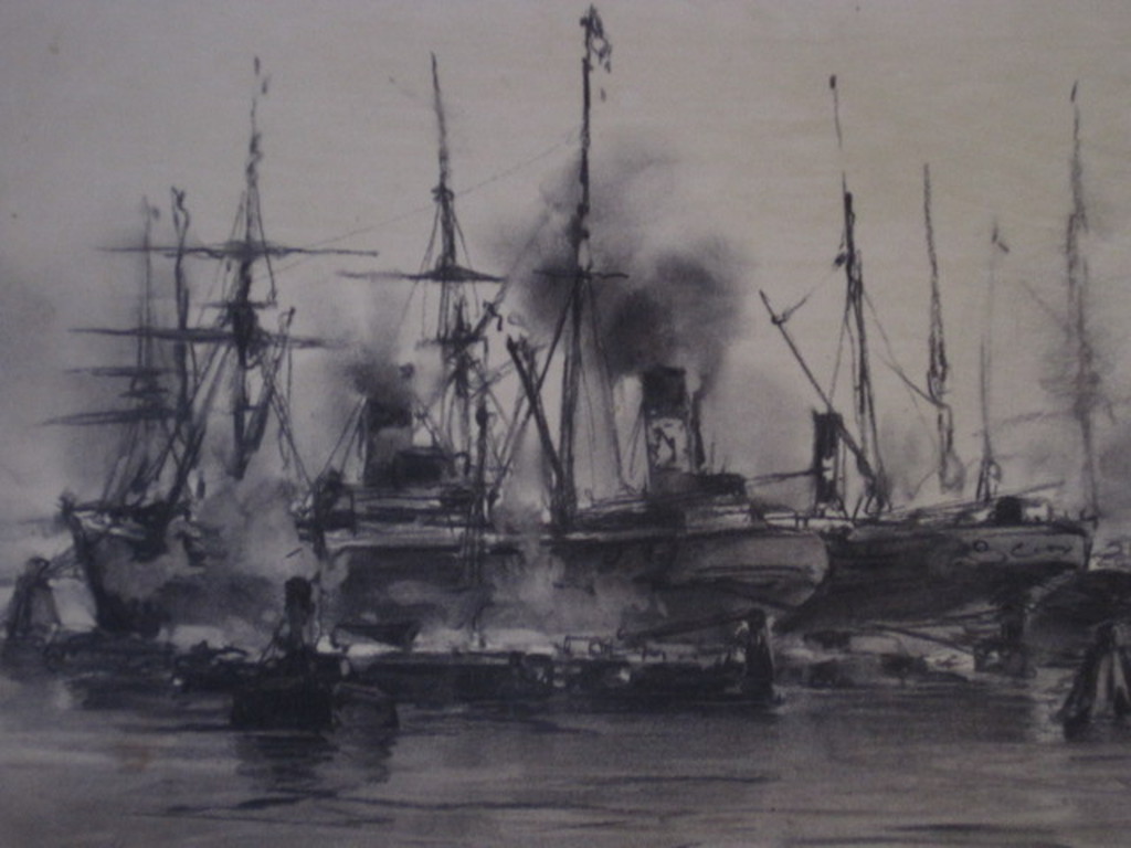 19e eeuwse houtskooltekening "haven Amsterdam" van George L Kiers (1838-1916) verkocht voor € 121!