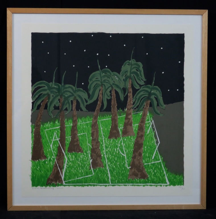 Rhani Mohabiersing: Zeefdruk, Zonder titel (palmen) - Ingelijst verkocht voor € 35!