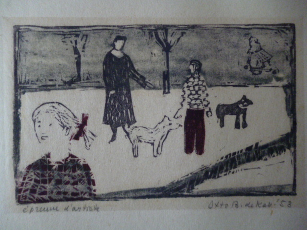 Otto B. de Kat - kleurenlinosnede - Hond uitlaten kopen? Bied vanaf 95!