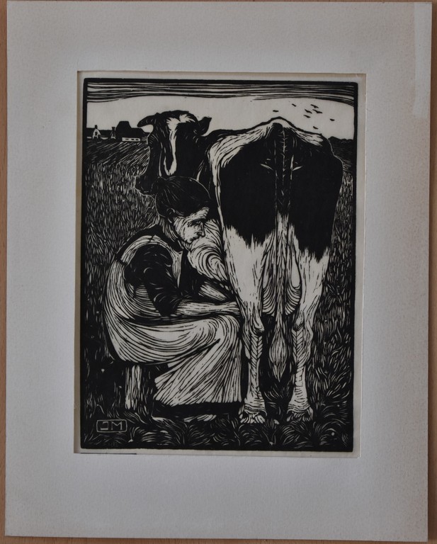 Jan MANKES (1889-1920), Koemelkster, houtddruk. kopen? Bied vanaf 200!