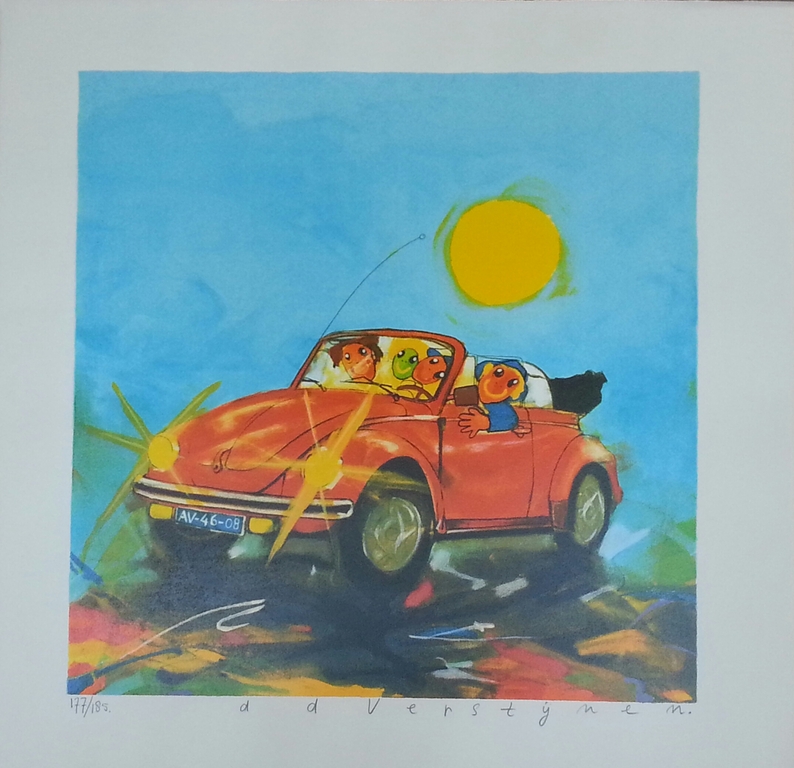 Ad Verstijnen, zeefdruk , Kever Cabrio verkocht voor € 50!