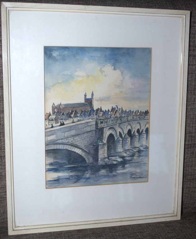  MAASTRICHT: SERVAESBRUG aquarel + BLOEMENMARKT litho met aquarel -->LOT VAN 2  kopen? Bied vanaf 35!
