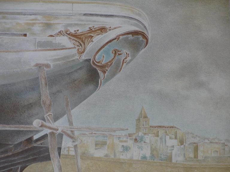 Wim Schuhmacher, Mediterrane haven met scheepsdok, Kleurenlitho kopen? Bied vanaf 40!