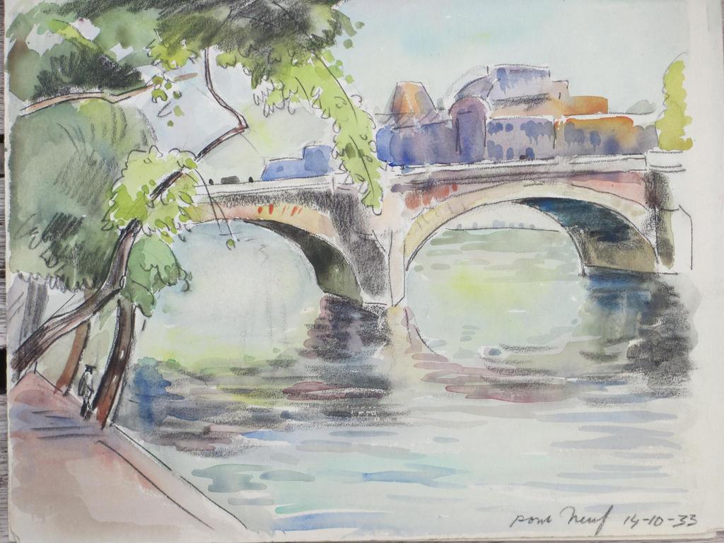Han Krug, Pont Neuf Parijs 1933, Aquarel verkocht voor € 45!