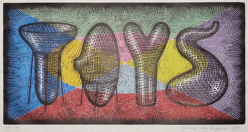 Jacomijn den Engelsen: Houtsnede, Toys, Gesigneerd, 1995 verkocht voor € 35!