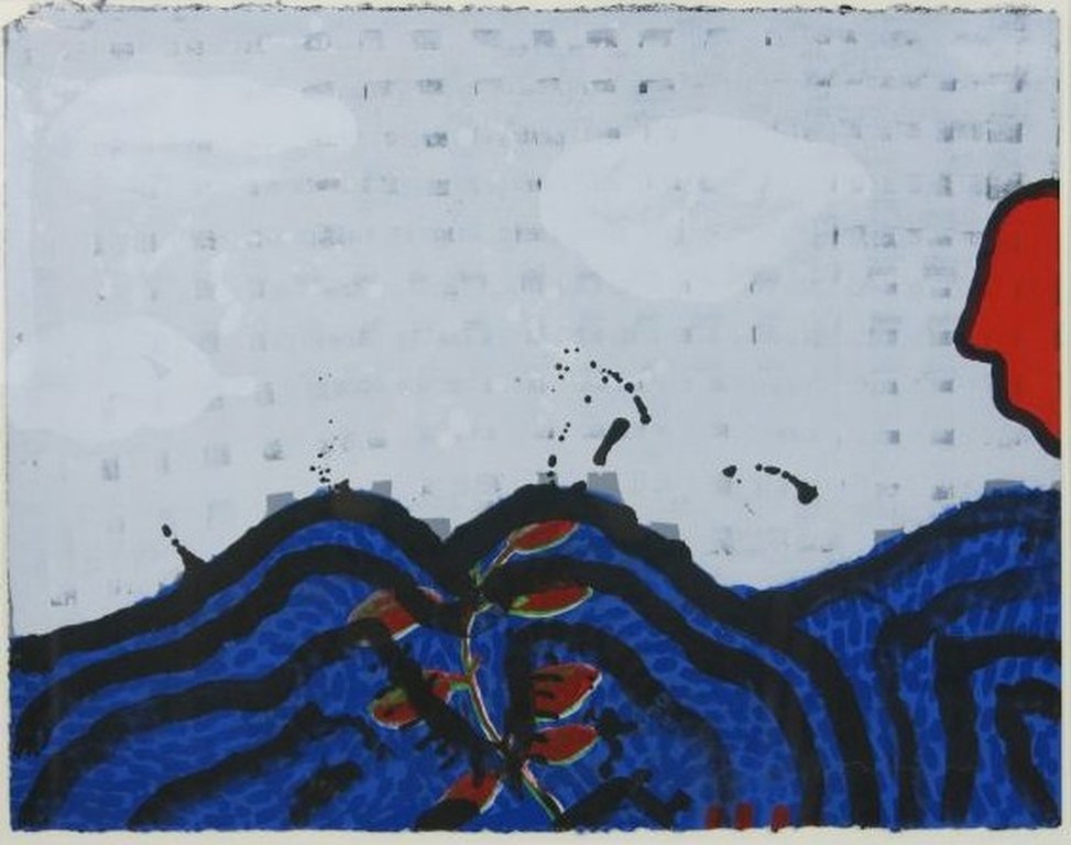 Dodog Soeseno: Kleurenlitho, Mountains of Joy blauw - Ingelijst kopen? Bied vanaf 50!