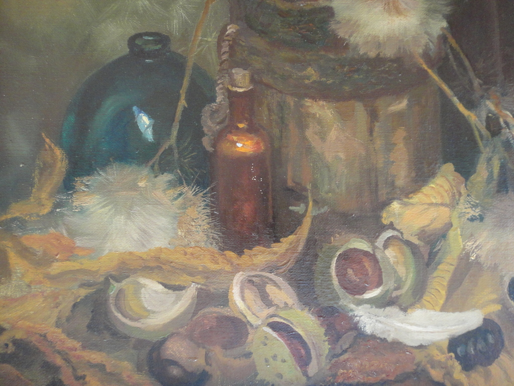 Jaap de Ruig, olieverf op doek, stilleven met o.a. distel en wilde kastanjes kopen? Bied vanaf 1!