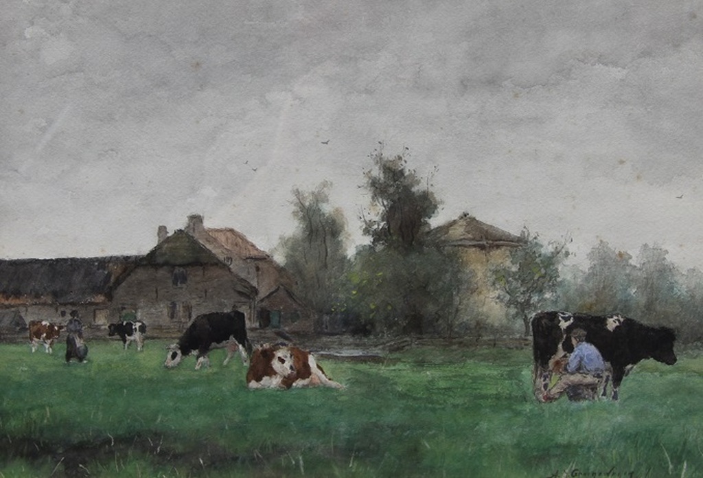 Aquarel A.J.Groenewegen 1874-1963 Koeien/Boer/Boerin/Boerderij kopen? Bied vanaf 850!