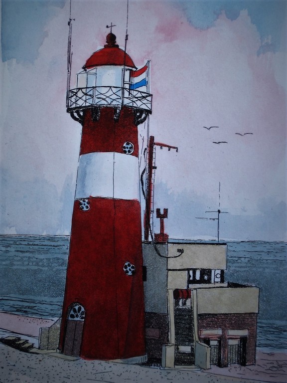 Leuke gesigneerde Kleurenlitho "Vuurtoren 't Hoge Licht Westkapelle Zeeland"  kopen? Bied vanaf 1!