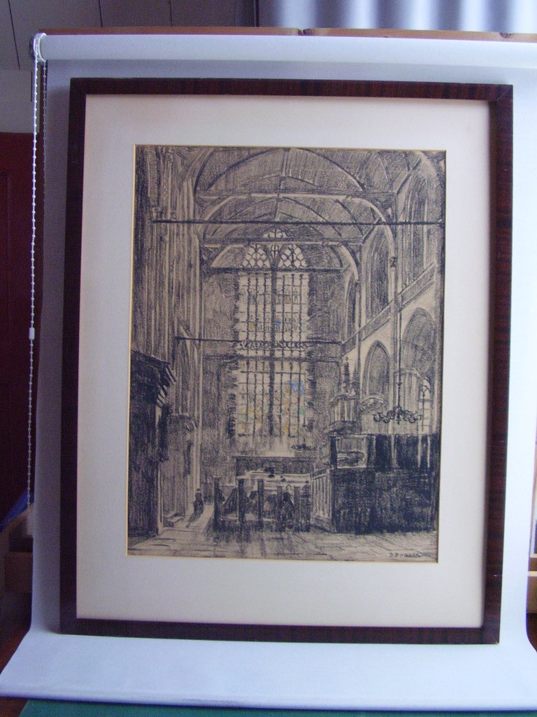 B.A. Bongers: grote krijttekening met aquarel, kerkinterieur kopen? Bied vanaf 100!