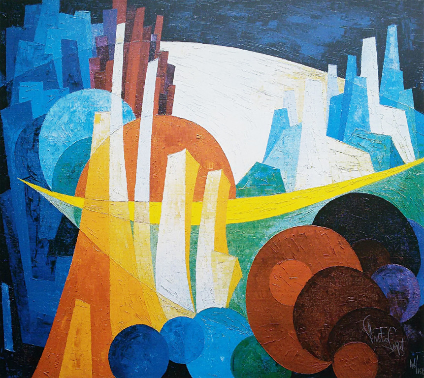 Futuristisch landschap, zeefdruk (groot) kopen? Bied vanaf 40!