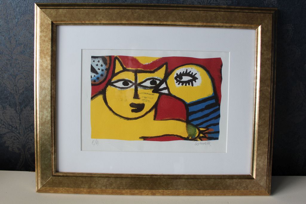 Corneille, Zeefdruk le chat et l'Oiseau. Ingekaderd, handgesigneerd   EA exmpl. kopen? Bied vanaf 165!