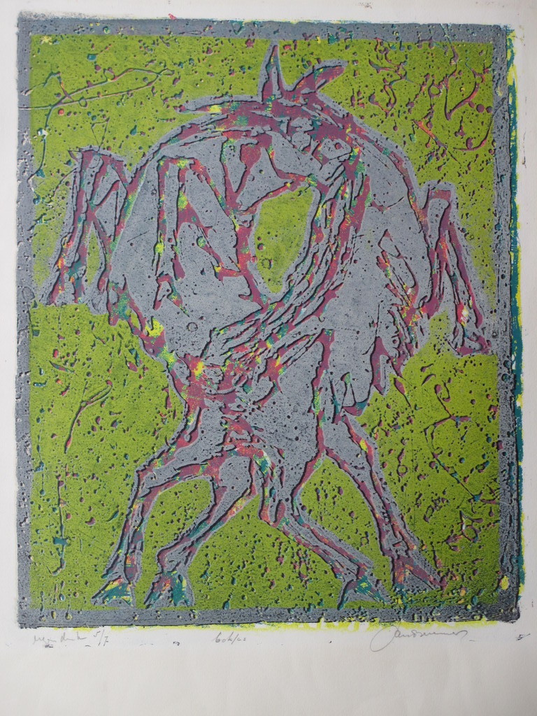 Jan Bezemer, Spelende bokjes, Kleurenlitho verkocht voor € 60!