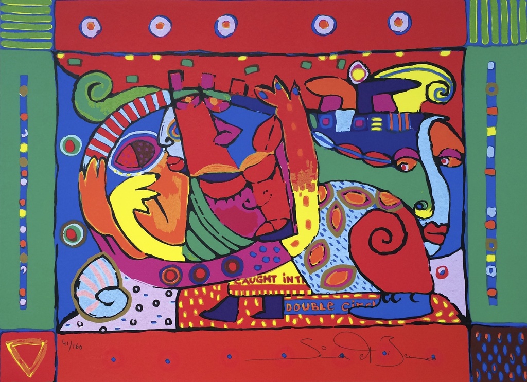 Simon & Bruno, zeefdruk op papier, Titel: kopen? Bied vanaf 40!