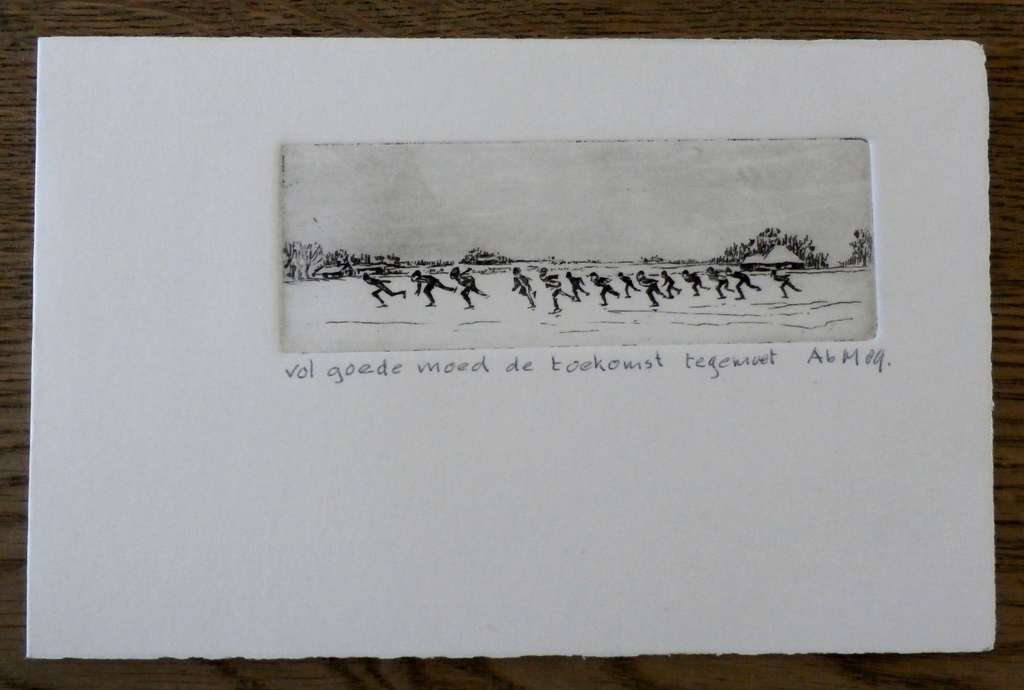 Ab M. - Ets op nieuwjaarskaart: schaatsers - 1989 kopen? Bied vanaf 1!