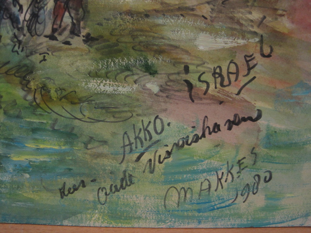 Jan Makkes 1935 - 1999 GROOT! aquarel "Haven Akko Israel"  1980 kopen? Bied vanaf 1!