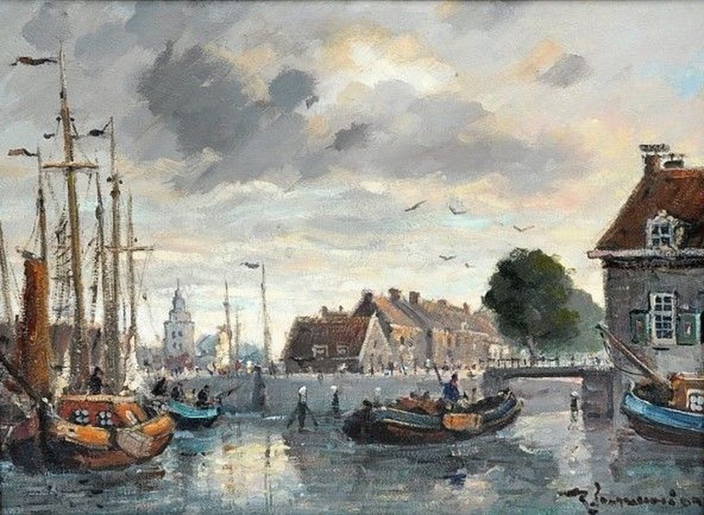    Onbekend (20ste eeuw) – Havengezicht. Olieverf op doek - gesigneerd rechtsond verkocht voor € 60!