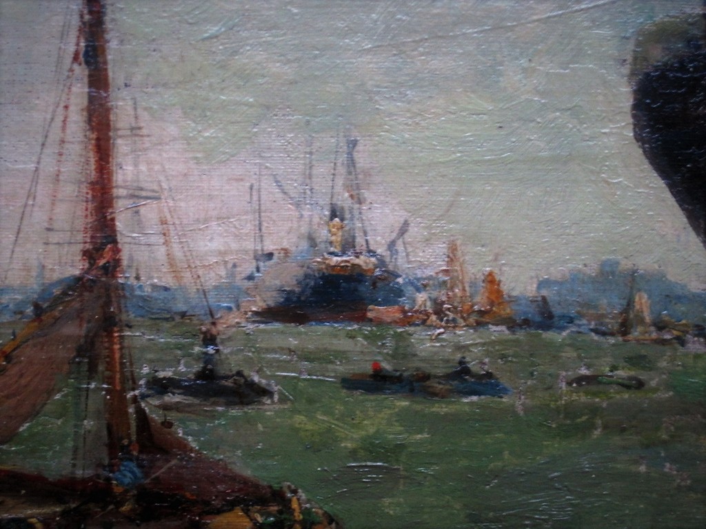 Magnifiek olieverf van Anton Dirckx (1878-1927) "Schepen in haven van Rotterdam" kopen? Bied vanaf 1!