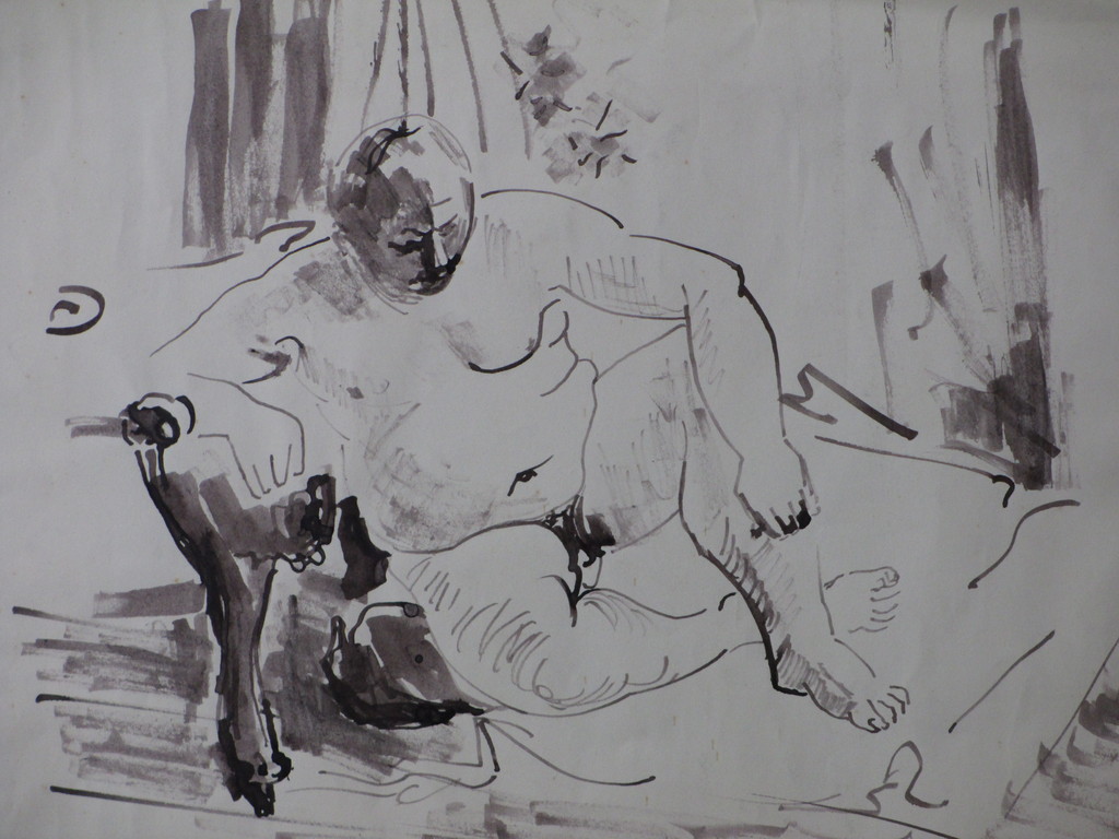 Onbekend, Naakte man op sofa, Aquarel '52 kopen? Bied vanaf 1!
