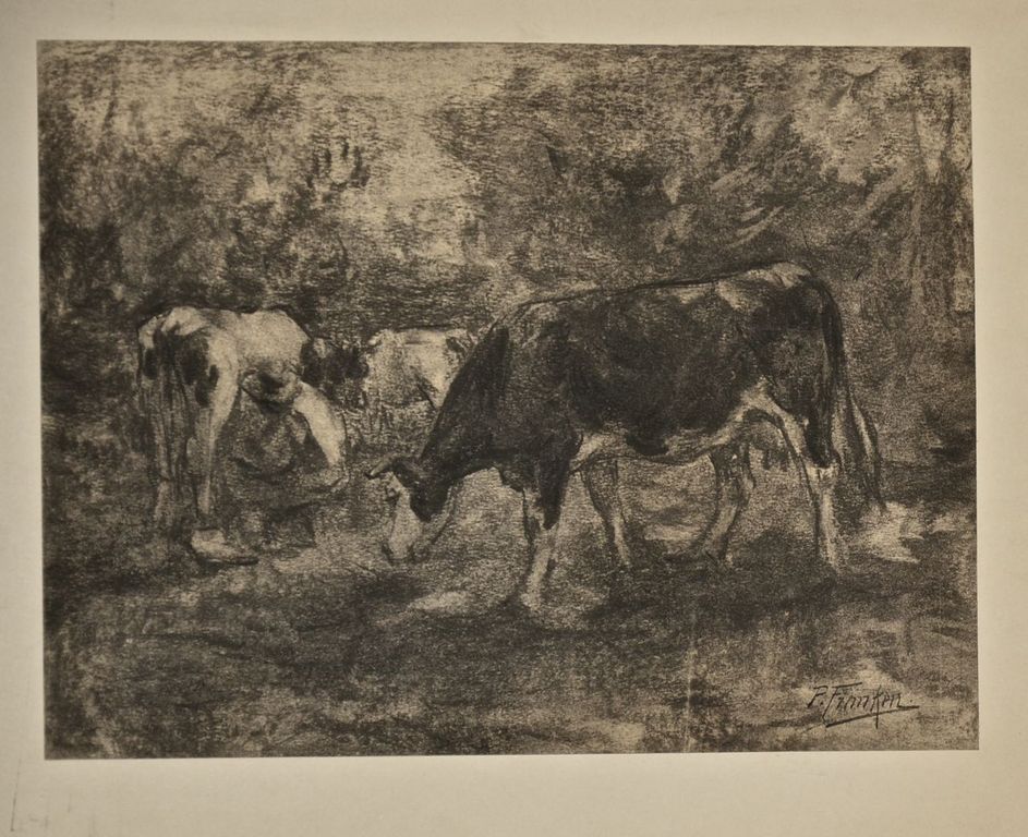 Onbekend (Gesigneerd): Tekening. Grazende koeien +- 1900 kopen? Bied vanaf 1!