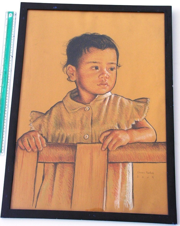 DAKA aanb; Ghani Yaakub;  kind achter een houten hekje - pastel tekening kopen? Bied vanaf 23!