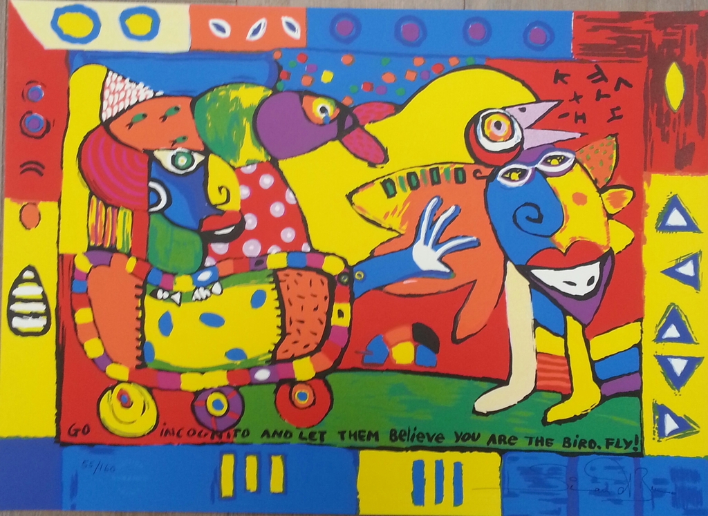 Simon & Bruno, zeefdruk op papier, Titel:"Go incognito and let them believe..... verkocht voor € 50!