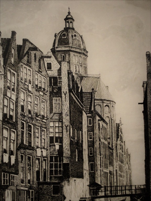 Grote ingelijste en gesigneerd Ets "het Kolkje en st Nicolaaskerk Amsterdam"  kopen? Bied vanaf 1!