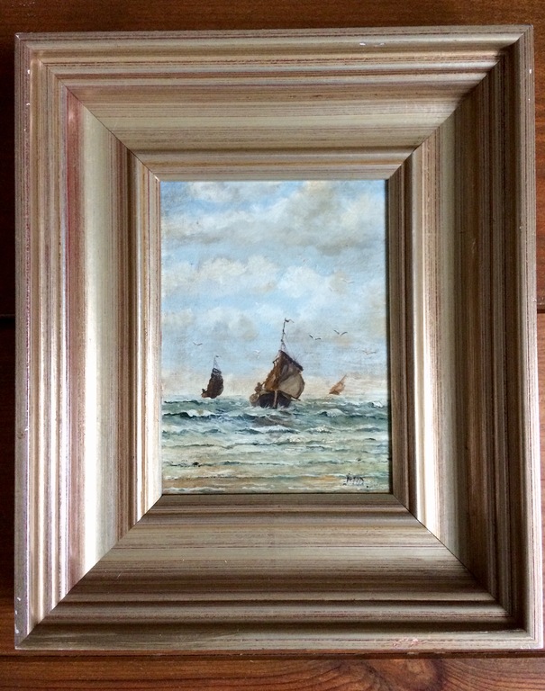 Onbekende kunstenaar: Olieverf op paneel, Vissersboten kopen? Bied vanaf 1!