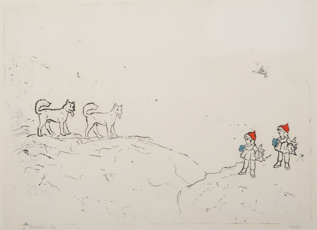 Pieter Holstein: Handgekleurde Ets, Z.T. twee meisjes met rode mutsjes verkocht voor € 50!