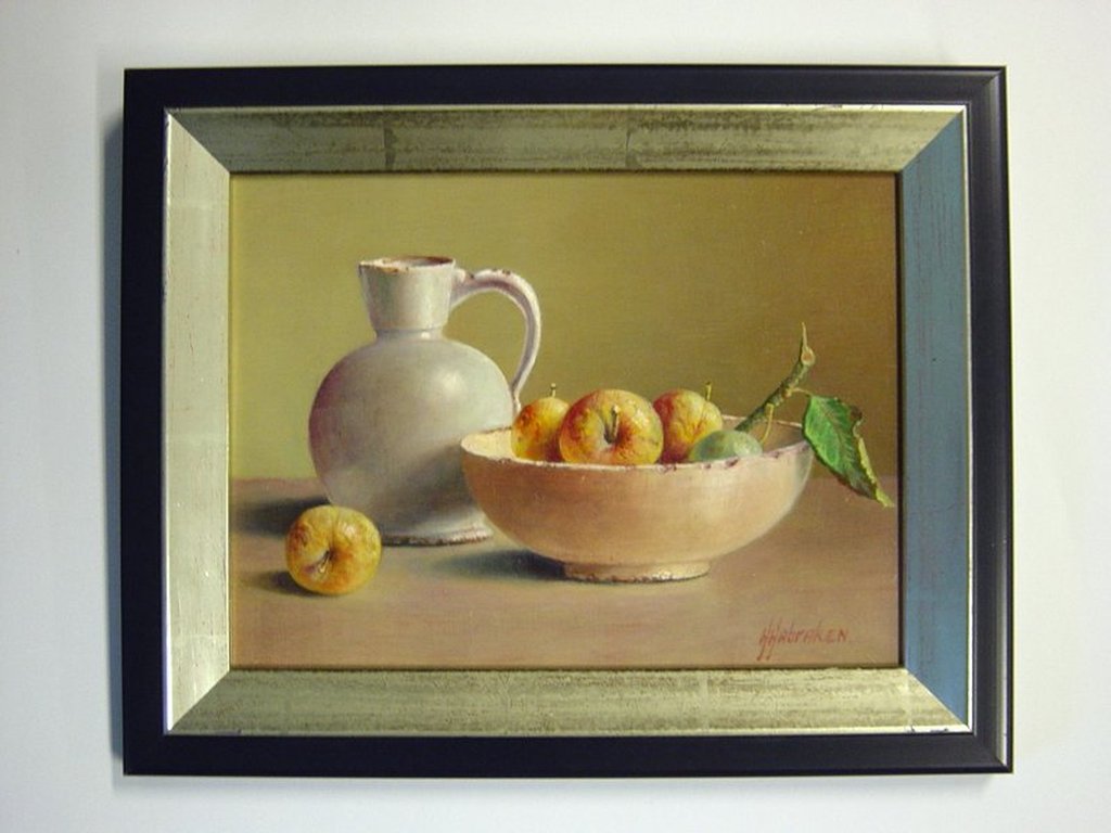 Hans Habraken - olieverf op paneel - stilleven met reine claude pruimen verkocht voor € 250!