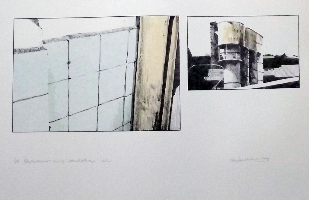 Rob Janssens - Kleurenlitho - tegelmuur met landschap verkocht voor € 45!