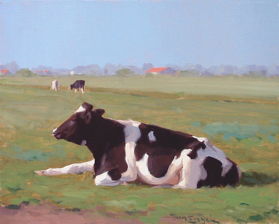 Jan Engel, Koe in zonnig landschap, Koeien Schilderij kopen? Bied vanaf 100!