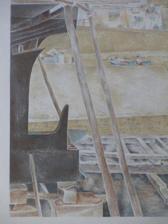Wim Schuhmacher, Mediterrane haven met scheepsdok, Kleurenlitho kopen? Bied vanaf 40!