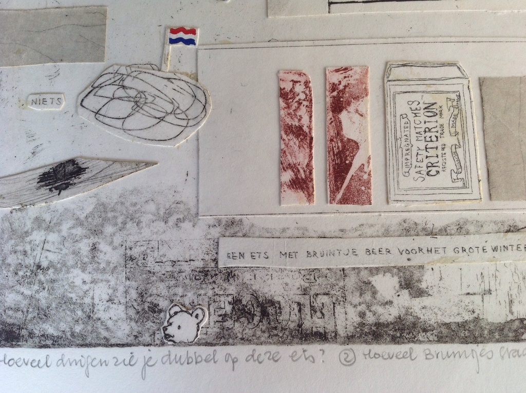 W.Monna : kleurets : ets , collage met bruintje beer , 1974 kopen? Bied vanaf 45!