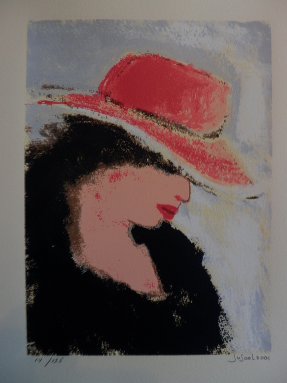 JOSE van GOOL   Zeefdruk   DAME MET RODE HOED  Handgesigneerd verkocht voor € 35!