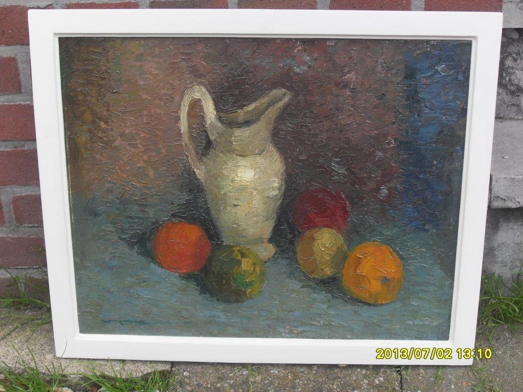Joop Kropff, olieverf op doek, 'Stilleven met vaas en fruit' verkocht voor € 75!