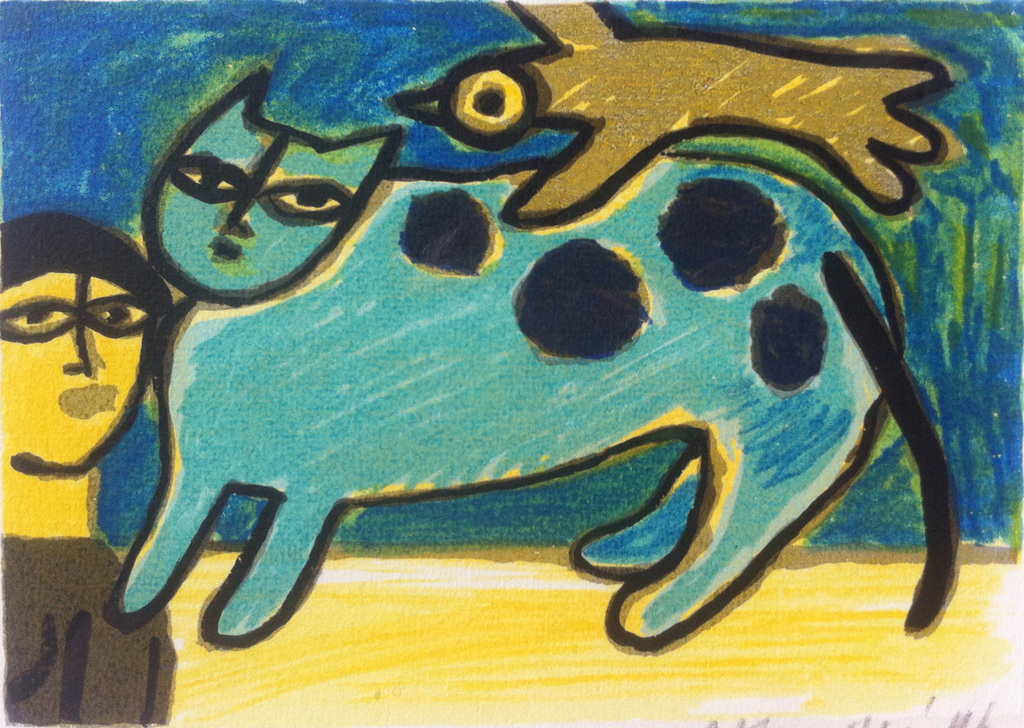 Corneille: Kleurenlitho, zonder titel (blauwe kat met vogel en vrouw) kopen? Bied vanaf 225!